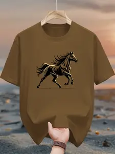 Men's pure cotton casual short-sleeved T-shirt, spring and summer style short-sleeved solid-color printed casual sports T-shirt, all-cotton home and outdoor comfortable and breathable round-neck T-shirt, suitable as a gift for men