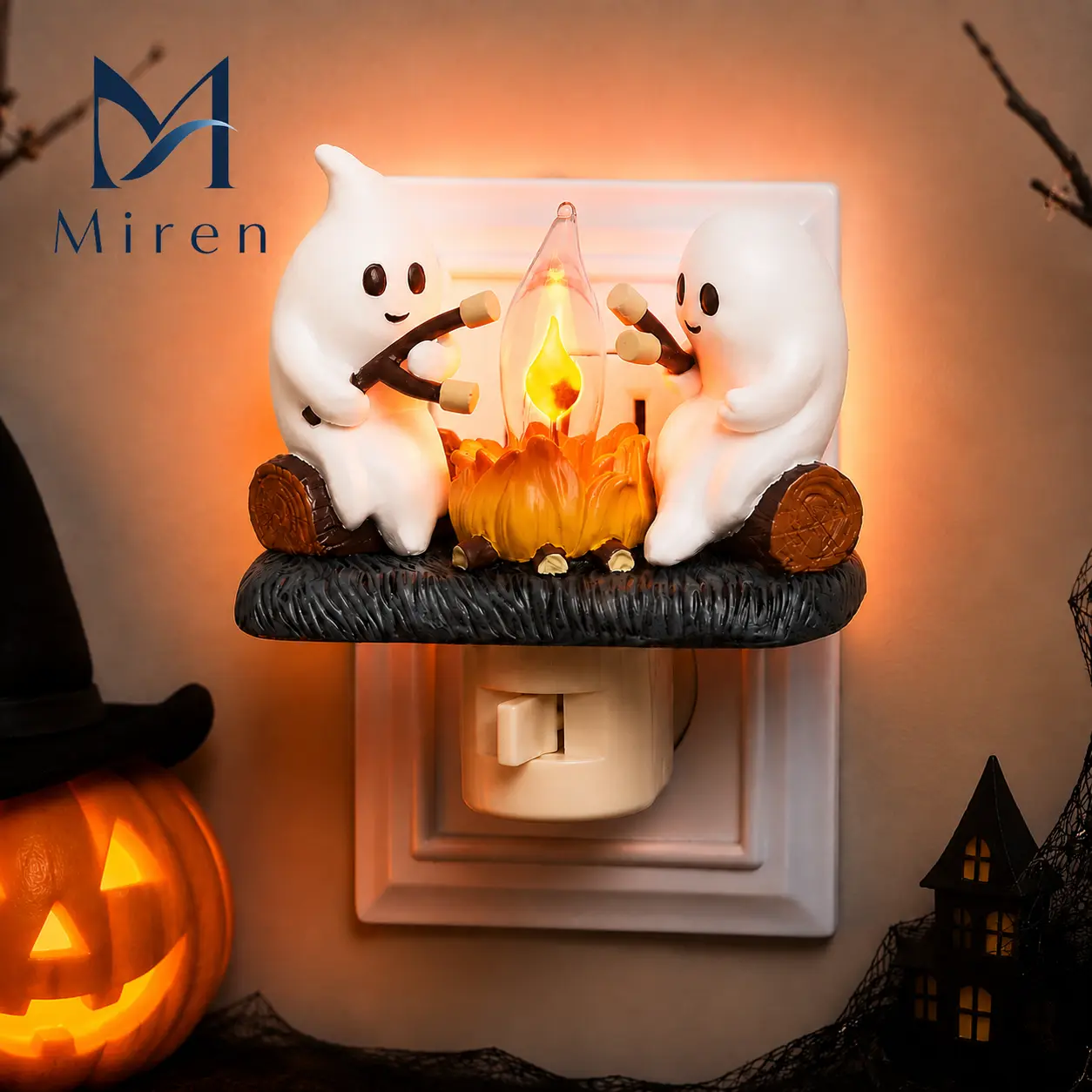 [Halloween Decoration Gift] Spooky Ghost Flickering Campfire Night Light, LED Simulation Flame Figurine Lamp, Battery Operated Wireless Wall Decor for Halloween Party, Bedroom, Living Room, Kitchen--Miren
