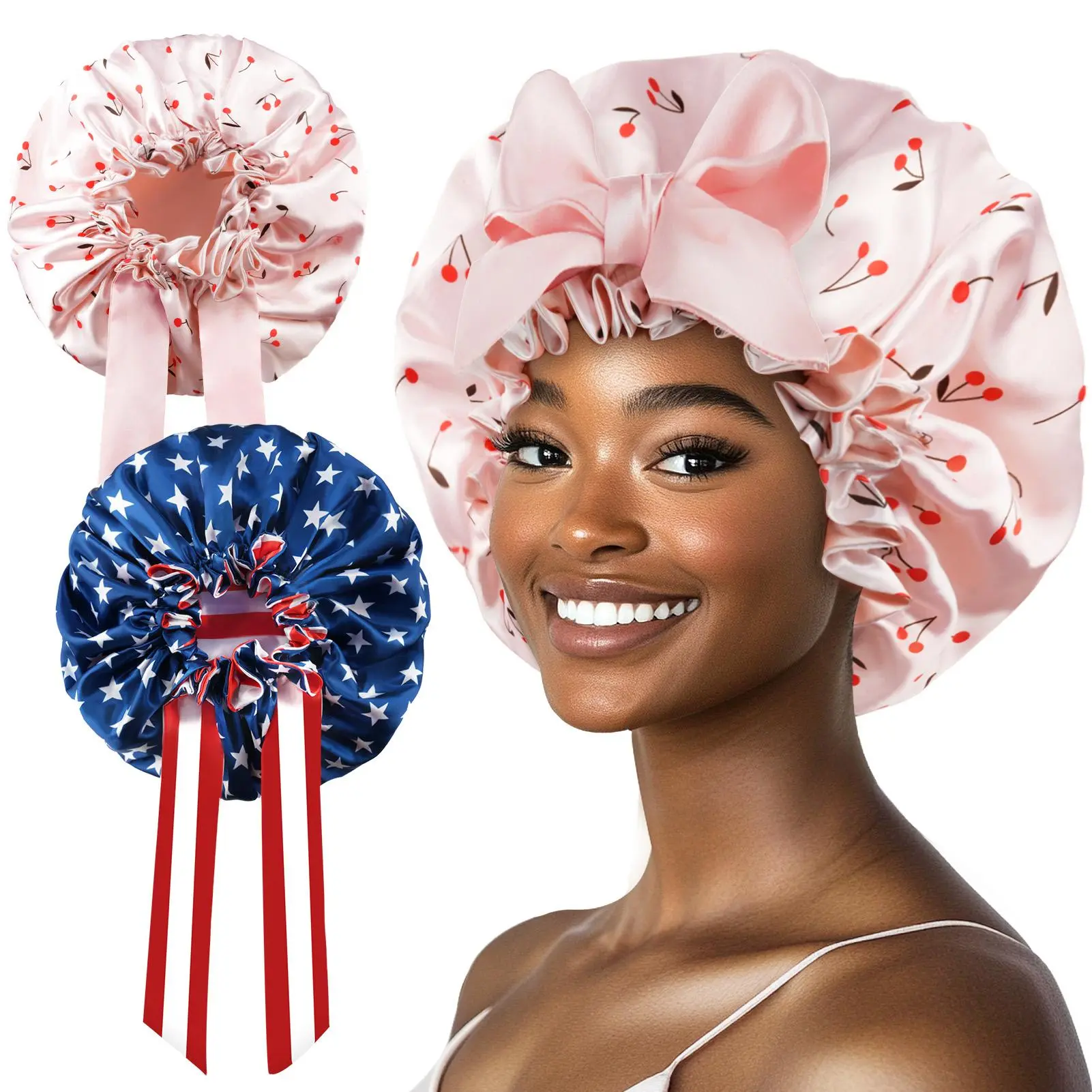 2psc Satin Bonnet with Tie Silk Hair Bonnet for Women Sleeping Double Layer Curly Braid Waterproof Comfortable Sleep Aid
