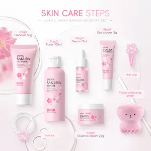 8-Piece Sakura Skincare Set, Cleanser to Cream, Includes Hair Accessory & Massager, Complete Daily Care, Soothing Moisturizing Brightening, Skin Care Sets
