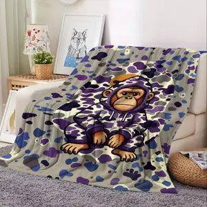 Bape Purple Camo Flannel Sofa Bed Blanket, Trendy Street Style Gorilla Hoodie Plush Cover, Soft Smooth Thick Dense, Indoor Outdoor Use, Street Fashion Home Decor, Gift for Streetwear Enthusiast