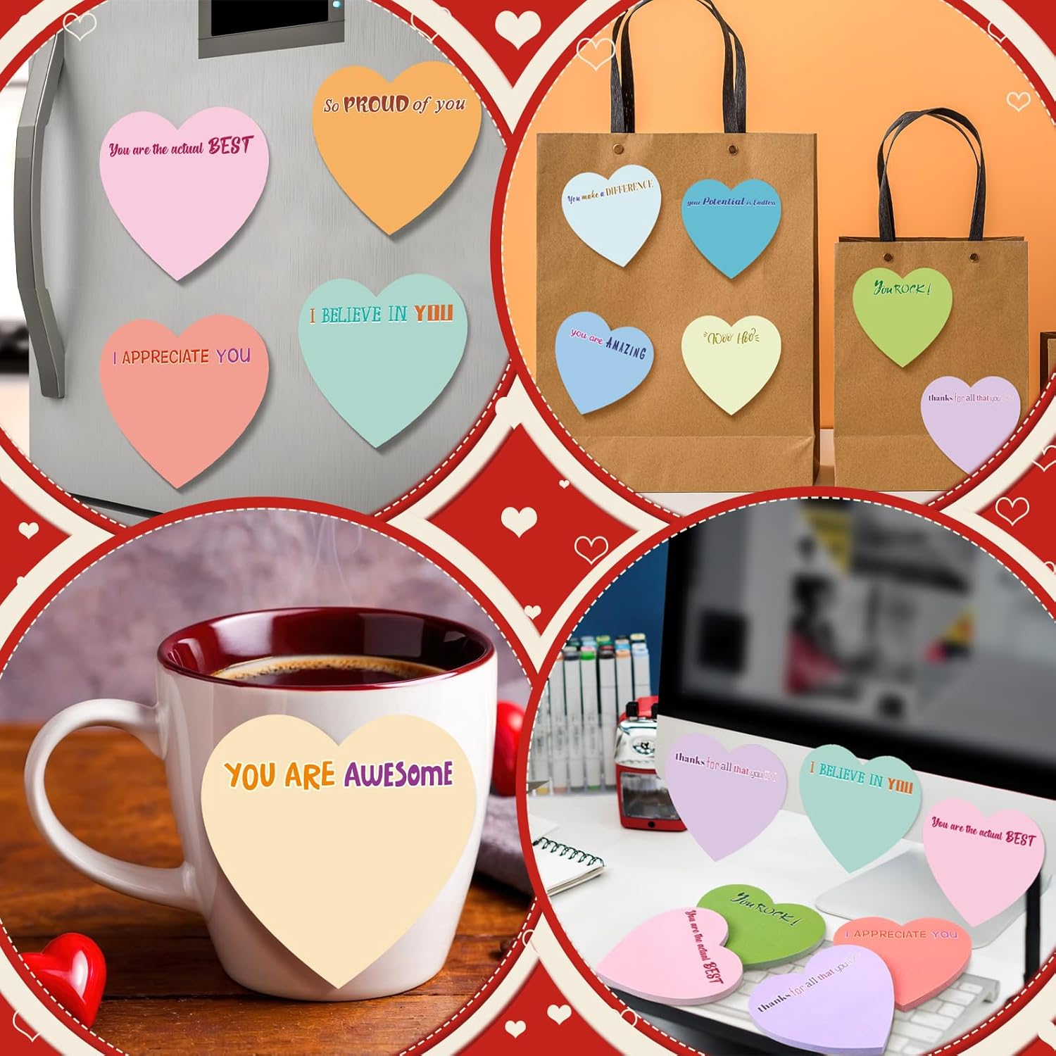 Easter Gift 24pcs Heart Sticky Notes with Motivitational Quotes Inspirational Sticky Paper Sticky Love Paper Notepads for Office Supplies School Stastionery, Thank You Sticky Notes Teacher Appreciation Gift for Student Teacher, Inspirational Messages