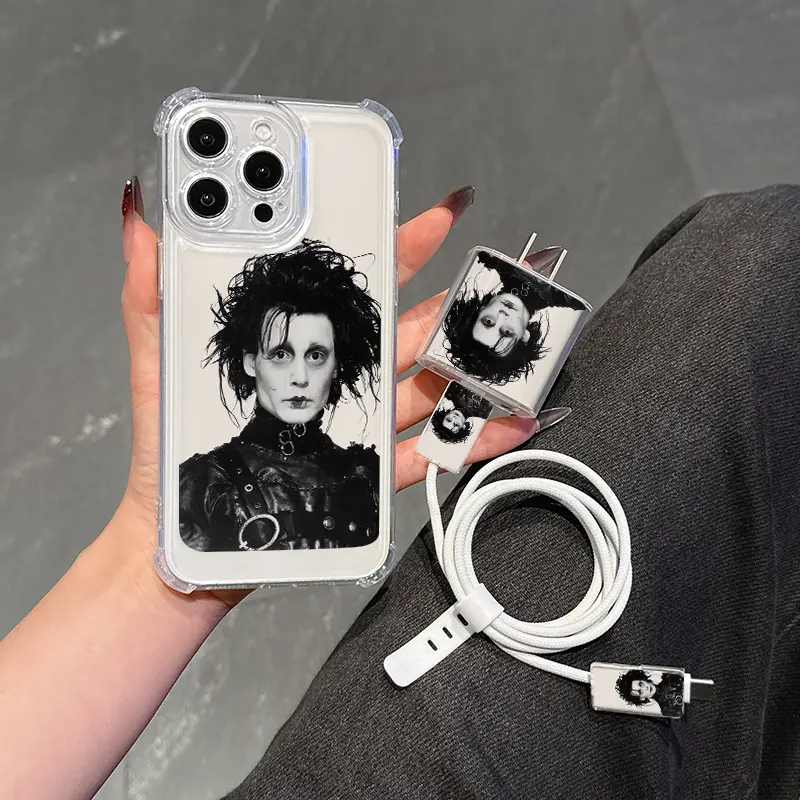 5 Piece Set Transparent Edward Scissorhands Phone Case, Charger Head Cover, Cable Protector, Storage Rope, Anti-Drop Tpu Shell for iPhone
