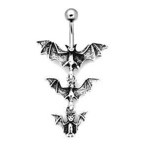 Triple Bat Dangle Belly Ring 14G 316L Surgical Steel Rhodium Plated Brass