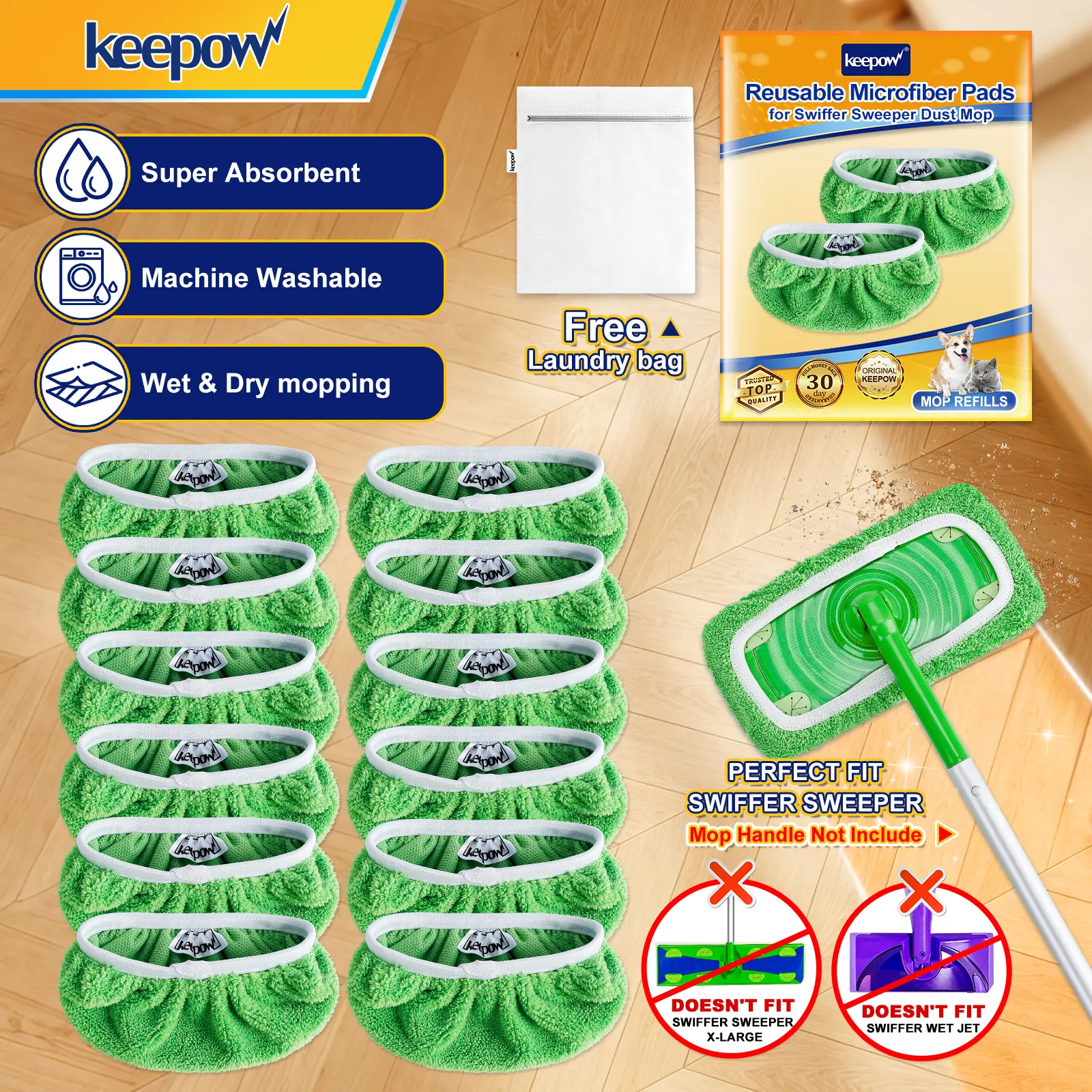 KEEPOW Reusable Microfiber Pads Cloths Compatible with Swiffer Sweeper Mop and All 10 Inches Flat Mop (Mop Handle is not Include)