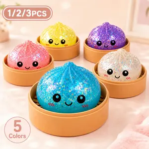 2026 New Glitter Dumpling Squishy Toy with Steamer Box, Soft Slow Rising Sensory Fidget Squeeze Toy, Cute Steamed Bun Stress Relief Toy, Random Color Desk Decor Gift