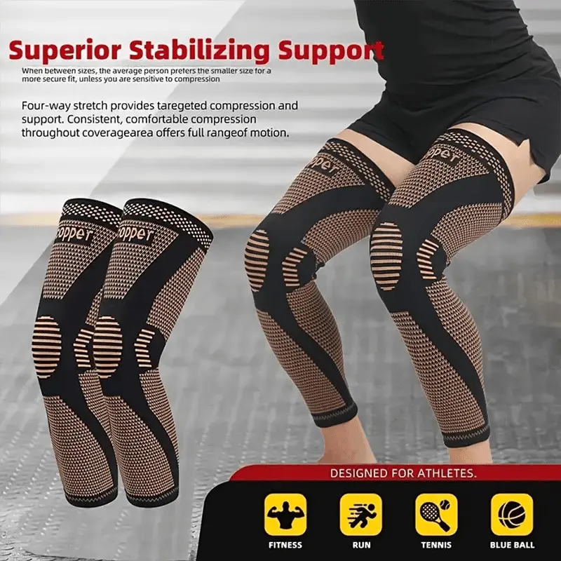2pcs Copper Fiber Long Knee Sleeves, Protective Sleeves, Compression Leg Warmers, Thermal Knee Support, Knee Wrap, Outdoor Sports, Running, Fitness, Basketball, Badminton, Knee Sleeves For Weightlifting, Sports Protective Gear