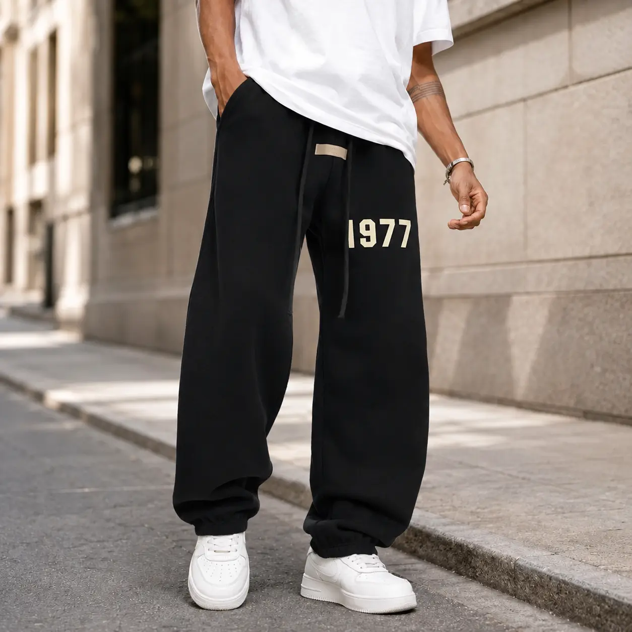 Unisex Black 1977 Jogger Pants, Relaxed Fit Drawstring Sweatpants, Casual Streetwear Trousers, Elastic Cuff Everyday Lounge Pants