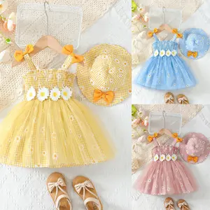 6M-3Y Toddler Girls Straps Sleeveless Daisy Plaid Gauze Summer Dress with Hat 2Pcs For Party Beach,Ready Stock 22412167