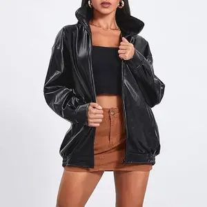 Women Leather Bomber Jacket Oversized Zip Up Faux Leather Jacket Vintage Coat Fall Fashion 2024