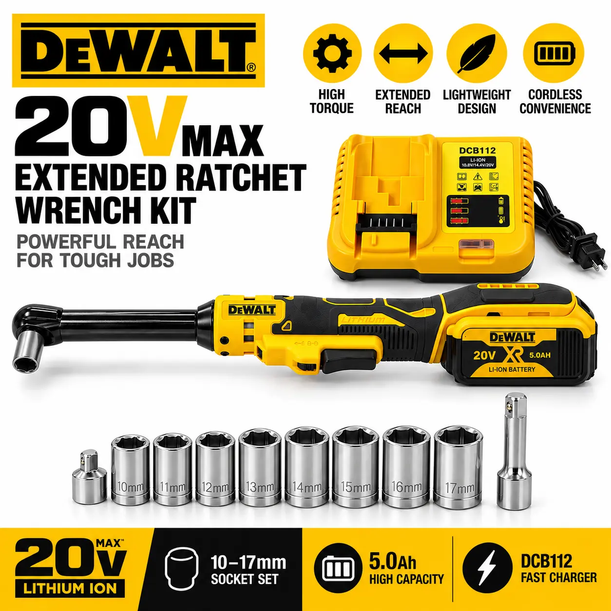 DEWALT 20V Cordless Ratchet Wrench Kit, 17.1" Extended Reach Electric Ratchet, Heavy Duty Metal Drive, Forward Reverse Control, 5.0Ah Battery & Socket Set, Power Tool for Auto Repair, Mechanic, Garage & Equipment Maintenance