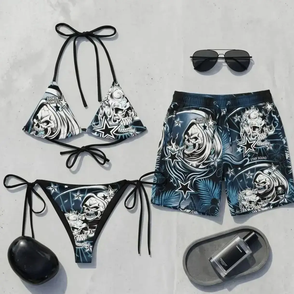 [SUPER HOT] Matching Sailor Skull Print Bikini Set – Gothic Style Bikini and Swimsuit, Unique and Stylish Beachwear, Perfect Matching Outfit for Summer Vacation.