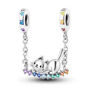 MULA 925 Sterling Silver cat rainbow pendant | Shining zircon + enamel craftsmanship | Playful and cute design | Suitable for Pandora bracelets & necklaces |  The perfect gift for cat lovers