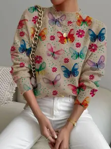 Women's New Fashion Sweater Butterfly Flower Print Long Sleeve Warm Versatile Casual Knitwear, Elegant Fitted All Seasons