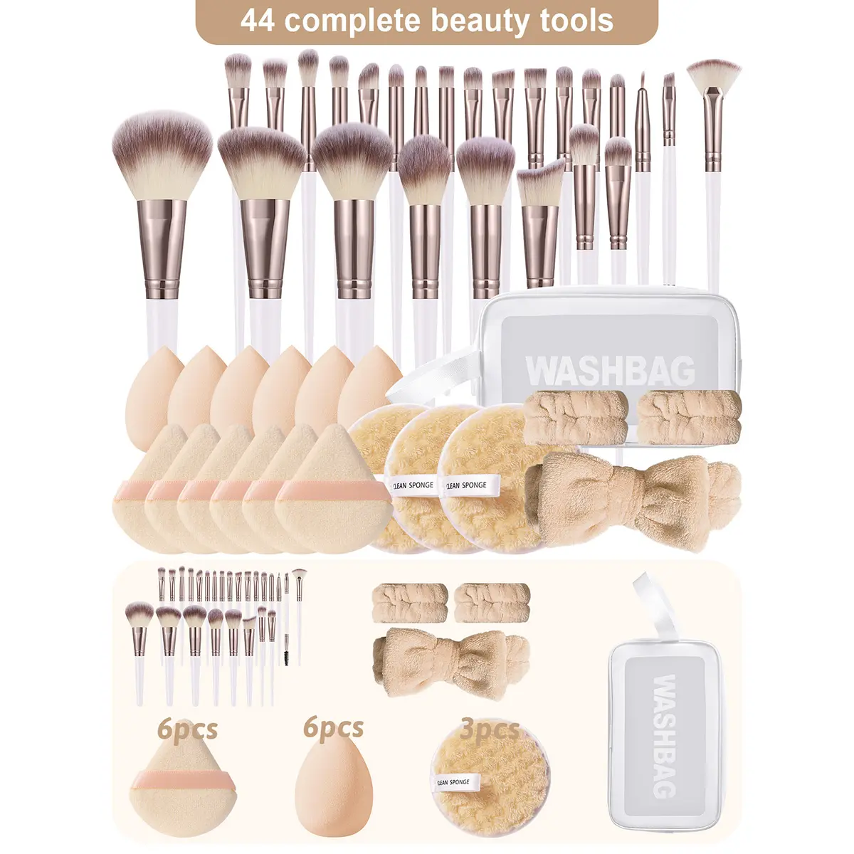 44PCS Makeup Tools Set Including:1pc Multi-Functional Zipper Toiletry And Cosmetic Bag Waterproof,25PCS Makeup Brush Sets,6PCS Makeup Sponges,6PCS Triangle Powder Puffs,3PCS Facial Cleansing Sponges,1pc Hairband,2PCS Hand Bowl Strap