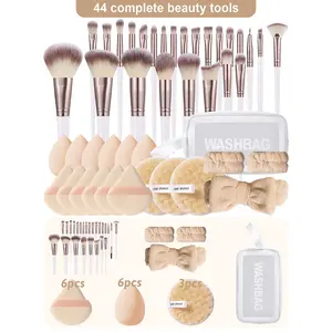 44PCS Makeup Tools Set Including:1pc Multi-Functional Zipper Toiletry And Cosmetic Bag Waterproof,25PCS Makeup Brush Sets,6PCS Makeup Sponges,6PCS Triangle Powder Puffs,3PCS Facial Cleansing Sponges,1pc Hairband,2PCS Hand Bowl Strap