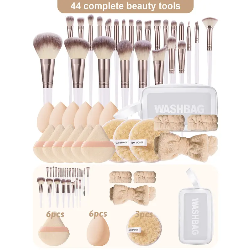 44PCS Beauty Tools Set - Waterproof Multi-Functional Zipper Cosmetic & Toiletry Bag, 25PCS Brushes, 6PCS Sponges, 6PCS Triangle Powder Puffs, 3PCS Facial Cleansing Sponges, 1PC Hairband, 2PCS Hand Bowl Straps,sohochic