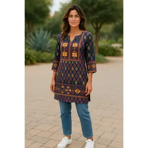 Tunic for Women Gold Foil Round Neck Printed Short Crape Kurti Kurta 3/4 Sleeves Tunic Top.