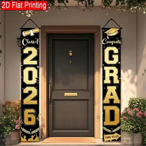 【graduation2026】2D Flat2026 Graduation Season Party Porch Banner | Black Golden Graduation Hat Pattern Design, Outdoor Courtyard Lawn Decoration Flag, 12x70.8 inches, Polyester