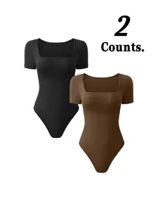 Women's Square Neck Short Sleeve Bodysuit, Seamless Waist Cinch Slim Fit Inner Top, Basic Hot Girl Underwear T-Shirt