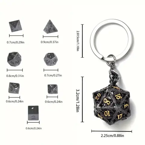 Mini Metal D&D Dice Set, 7 Counts Hollow D20 Dice with Keychain, Twenty-Sided Shape DND Metal Dice, Perfect for Party Games
