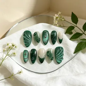 Elegant Dark Green Cat Eye Press On Nails, With Gradient & 3D Leaf Relief, Starburst & Line Accents, Almond Shape for Stylish Look, Reusable Nail-Friendly Fake Nails
