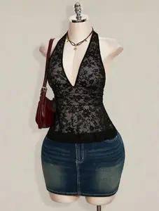 ARTYOTI Halter Deep V Neck Ruched A Line Polka Dot Sleeveless Shirt Retro Aesthetic