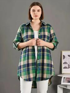 【plus size】 plaid print button front high low hem shirt, fall clothing women, casual long sleeve collared top for spring & fall, women's clothes for daily wear, womens clothes, blouse