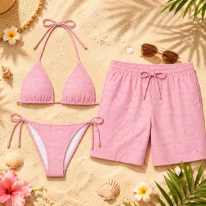 Letter C Pink Matching Couple Swimwear Set 2026, Viral Couple Bikini & Men’s Shorts, Beach Vacation Gift for Him Her