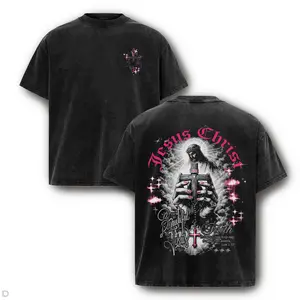 Jesus Christ Y2K Pink Graphic Tee - Luke 1:37 Vintage Washed Charcoal Shirt Heavyweight Cotton Oversized Cyber-Gothic Christian Streetwear