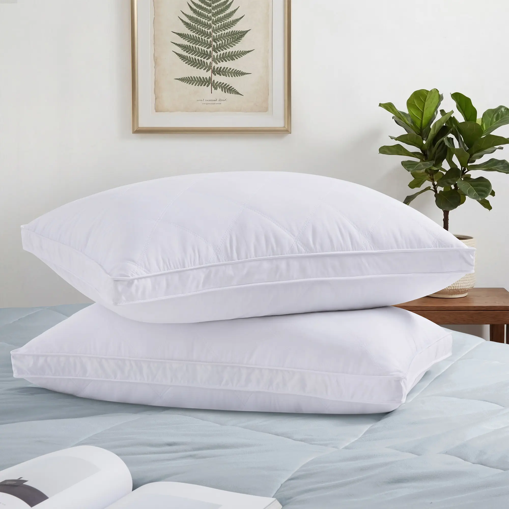 PEACE NEST Set of 2 Grey Goose Feather Pillow – Diamond Quilted Gusseted Bed Pillows, Medium Support Hotel-Quality Pillows