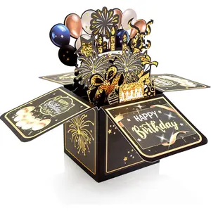 Surprise Pop Up Happy Birthday Cards, Lovely 3D Birthday Card for Adults and  with Envelopes,  Design Handmade Foldable Greeting Cards for Daughter, Son, Mom, Dad, (Black)