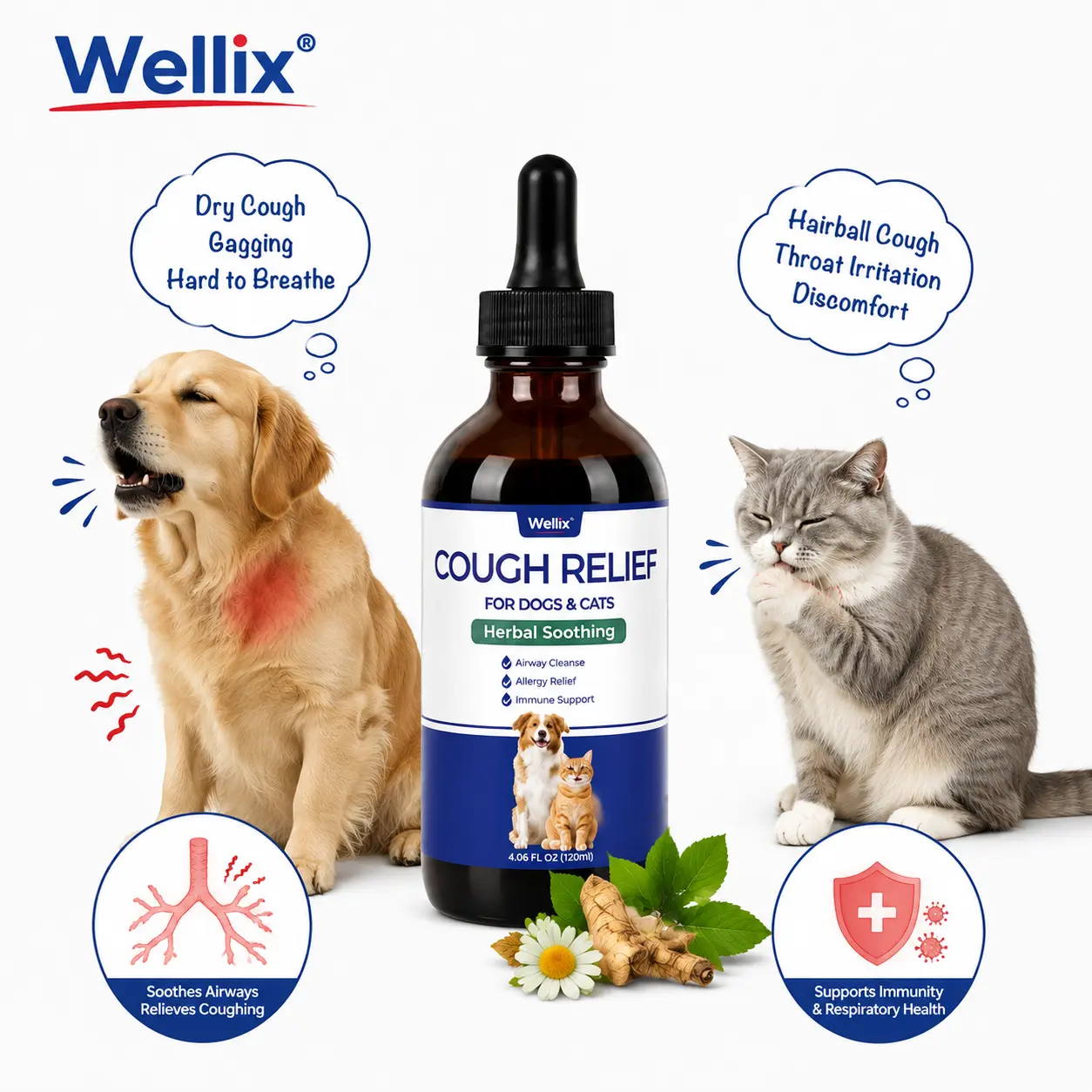 Wellix 4oz Kennel Cough Treatment for Dogs & Cats, Cold Relief High-Volume | All-Natural Herbal Formula for Dog Cough, Sneezing & Cat Cold Relief – Long-Lasting Bacon Flavor Throat Gold for Dogs