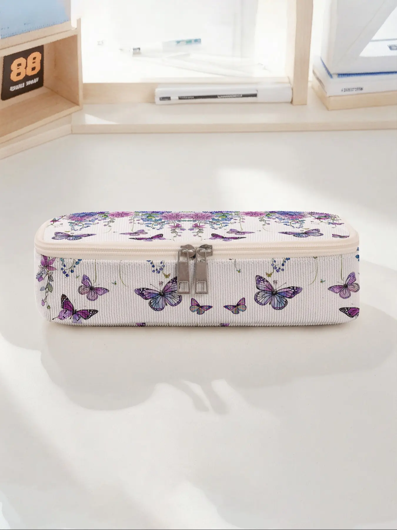 Floral Butterfly Pattern Large Capacity Pencil Case, Durable Multi-Functional Storage Bag, Portable Zipper Organizer for School Office Supplies