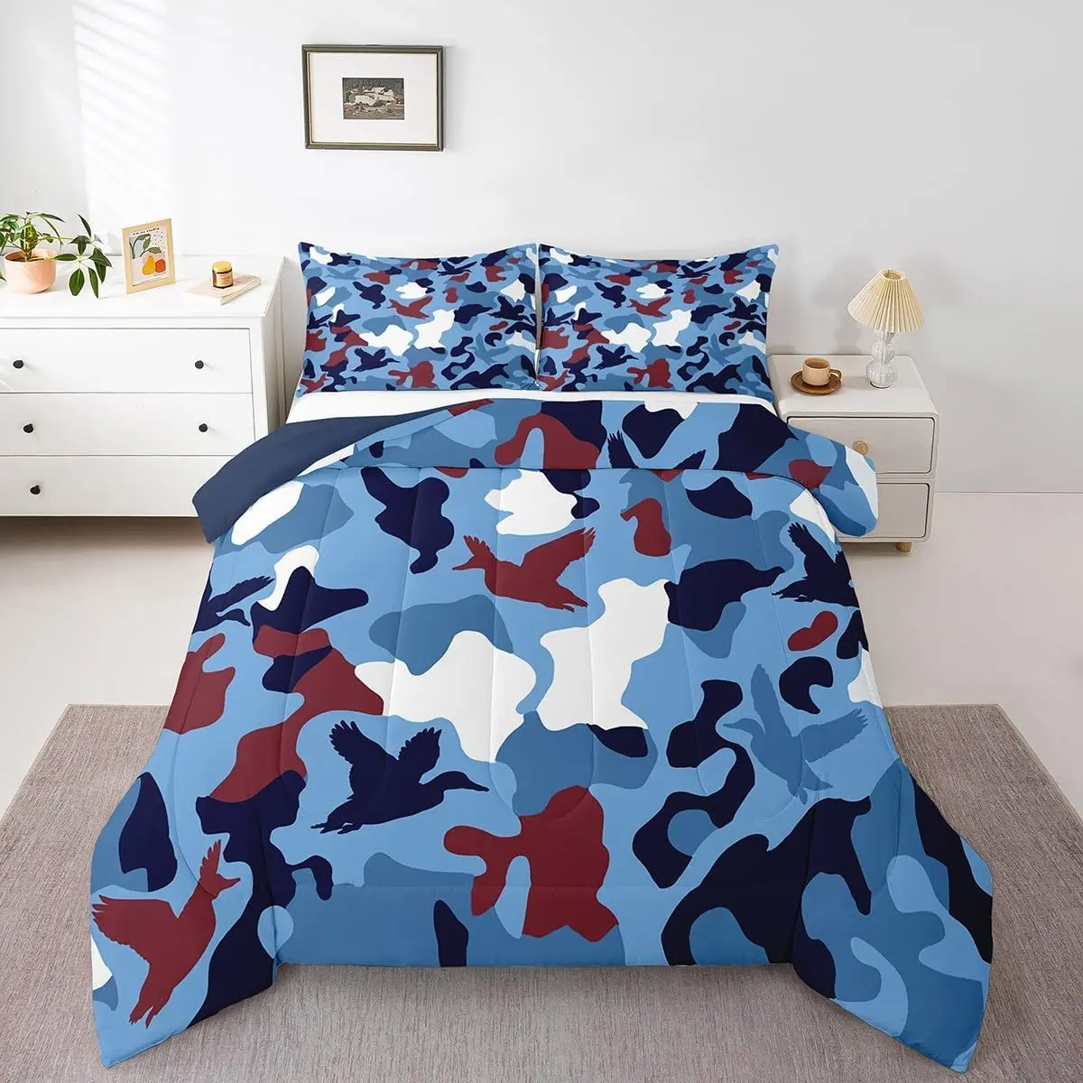 Duck Camo Comforter Set,Camouflage Bedding,Hunting Farmhouse Camping Comforter,Vintage Navy Blue Wild Duck Rustic Animal Duvet Set