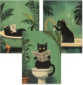 5D Full Drill Diamond Painting Kit 3-Piece Set Funny Bathroom Black Cat Art, Cute DIY Craft for Bathroom Wall Decor