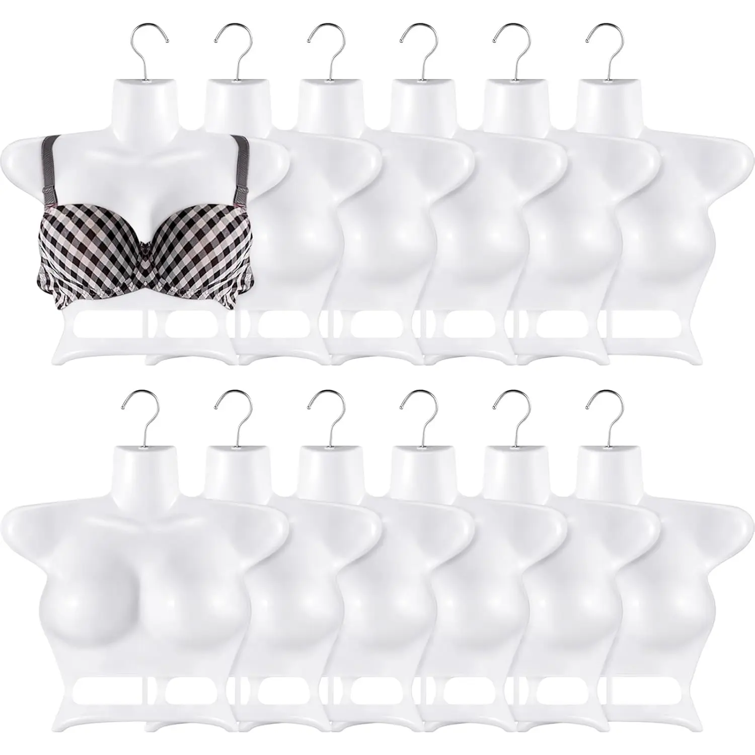 12 Pcs Hanging Mannequin Torso Female Mannequin Hanger Women Body Torso Dress Form Plastic Hollow Back Upper Women Clothes Showing Rack for Retail and Shop, White