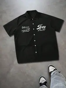 High Energy English Phrase Embroidered Shirt, Single Button Design, Fashion Simple Style, Casual Fitted Top for All Seasons