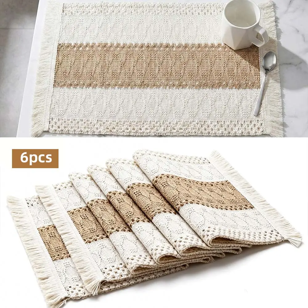 6pcs Bohemian Rustic Placemats, Hand-Crocheted Coffee Table Mates with Tassels in Farmhouse Burlap Style for Home Dishware Heat Insulation. Perfect as Boho Charm Decorations at the Dinning Room ﻿ camping gear
