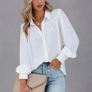 Flamingals Solid Button Up Ruched Puff Sleeve Shirt