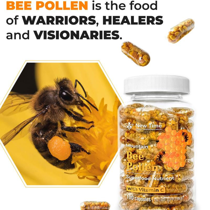 Bee Pollen with Vitamin C, 100 Capsules, Organic Dietary Supplement, Fermented Multivitamin Probiotic Superfood Vital Proteins Immune Support & Energy