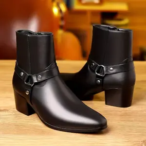 Men'sHeeledBootsWithZippers,CasualWalkingShoes,PULeatherBootsBoyFootwearBlackRubberClosedComfortLaceInsoleDecorBathroom