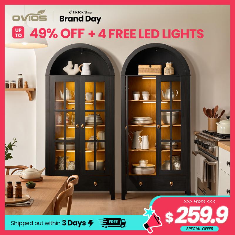 【Jumpstart Sale】71" Tall Arched Kitchen Pantry with Magnetic LED Lights, Modern Farmhouse Wood Kitchens Storage Cabinets with Large Drawers and Glass Door, Versatile Cupboard for Kitchen, Dining Room, Bathroom, Livingroom