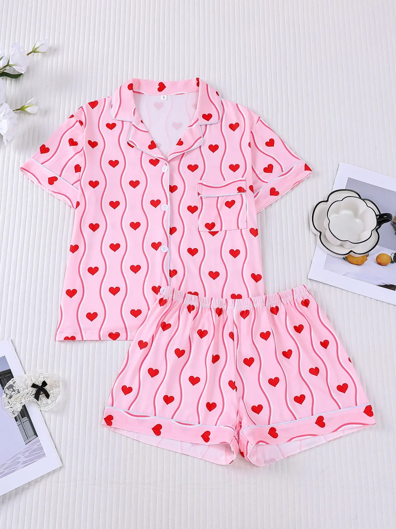 Valentine's Day 2pcs Heart Print Pajama Set - Pink Romantic Short-Sleeve Button Pjs with Pocket - Cozy Women's Sleepwear/Loungewear for V-Day Pyjamas Matching Pj Set
