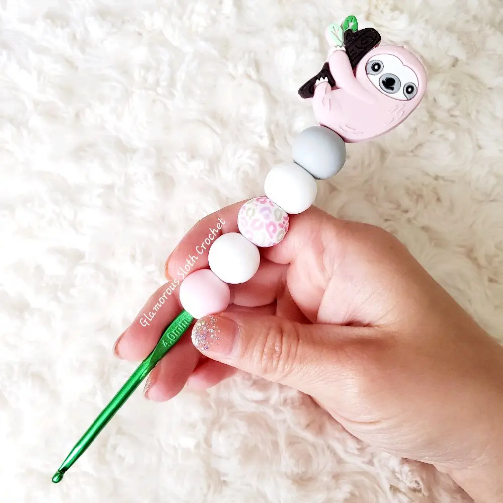 Pink Sloth Silicone Crochet Hook with Colorful Beads and Adorable Sloth Charm