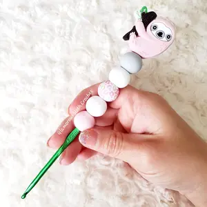 Pink Sloth Silicone Crochet Hook with Colorful Beads and Adorable Sloth Charm