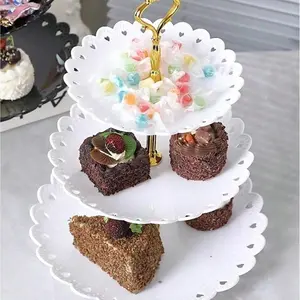Cake Stand, Plastic Dessert Table Display Set, Three-Tier Shelf, Two-Tier Shelf And Dessert Tray Set. Suitable For Birthdays, Parties, Tea Parties. Black/White
