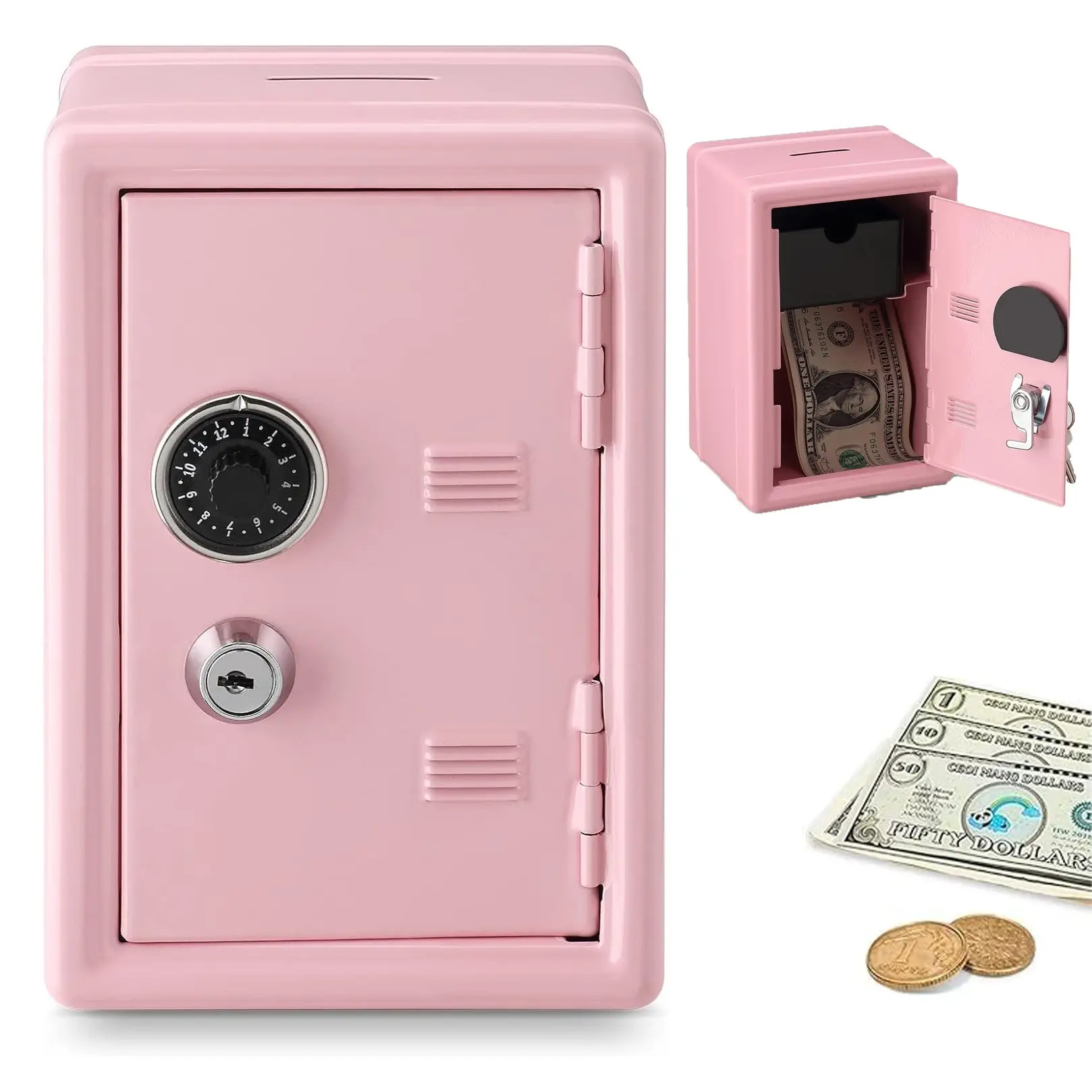 Metal Money Box Safe, Mini Coin Cash Lockbox, Children Savings Cabinet with 2 Keys, Small Change Storage Jar, Desktop Password Lock, Compact Size, Security Safe, Money Safe for Cash