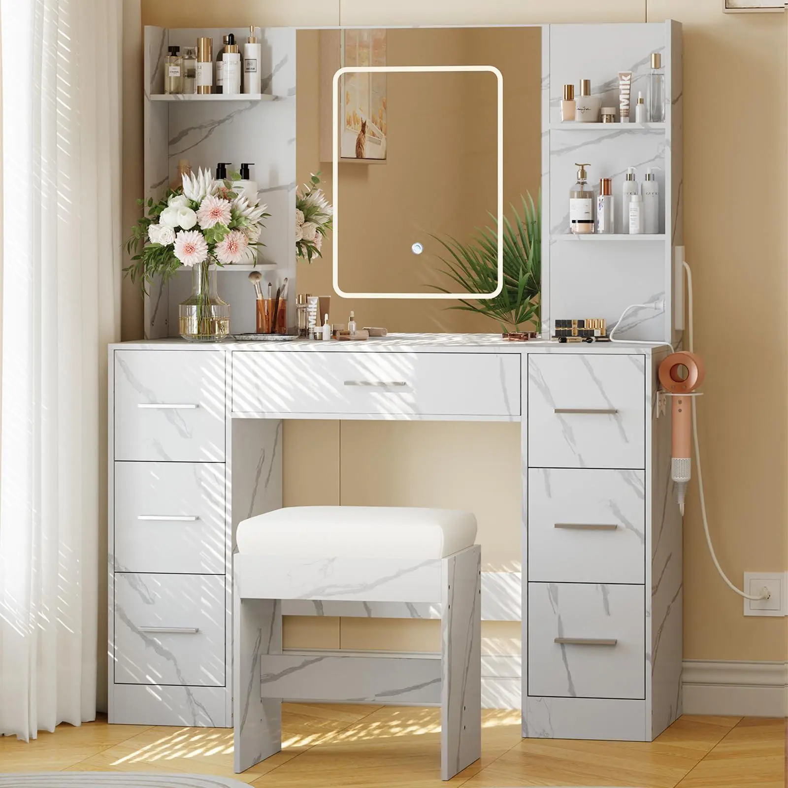 GARVEE Tech 7-Drawer Dressing Table with Light & Mirror, Chair, Power Outlet, Hairdryer Holder, 3 Adjustable Brightness Lighting Modes for Bedroom Indoor Furniture Set