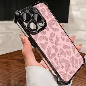Pink Leopard Print Glitter Black Phone Case Compatible with  Galaxy S25 Ultra iPhone 17 Pro Max/16/15/14/13 Pro Shockproof Protector Durable Covers
